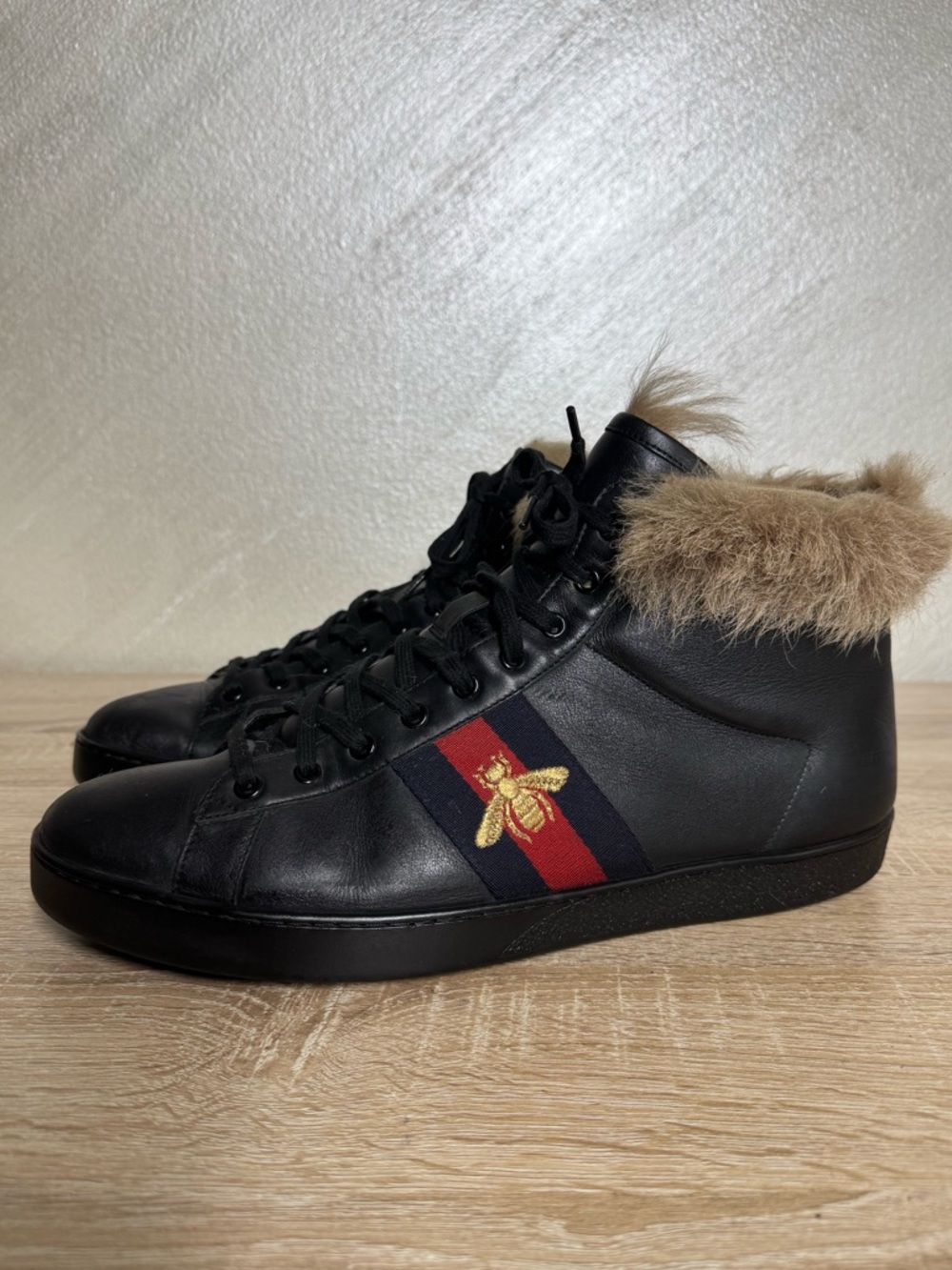 Gucci Ace Stripe High-Top Black Fur sneakers Men’s Size 13